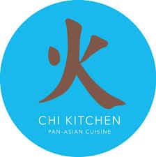 A blue circular logo with a large brown Chinese character in the centre. Below, “CHI KITCHEN” is written in white uppercase letters, and beneath that, smaller white text reads, “PAN-ASIAN CUISINE.”.