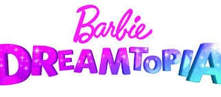 Logo for “Barbie Dreamtopia” with “Barbie” in pink cursive above “DREAMTOPIA” in bold, colourful letters that blend pink, purple, and blue, with sparkling effects. The background is white.