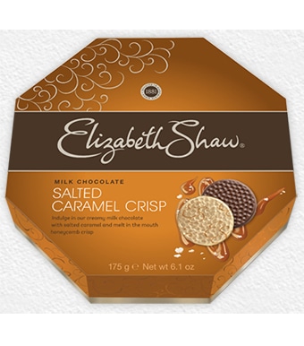 An octagonal box with a brown and gold design labelled "Elizabeth Shaw." The text reads "Milk Chocolate Salted Caramel Crisp." Two chocolate discs, one light and one dark, are pictured with caramel swirls. Weight is 175g (6.1oz).