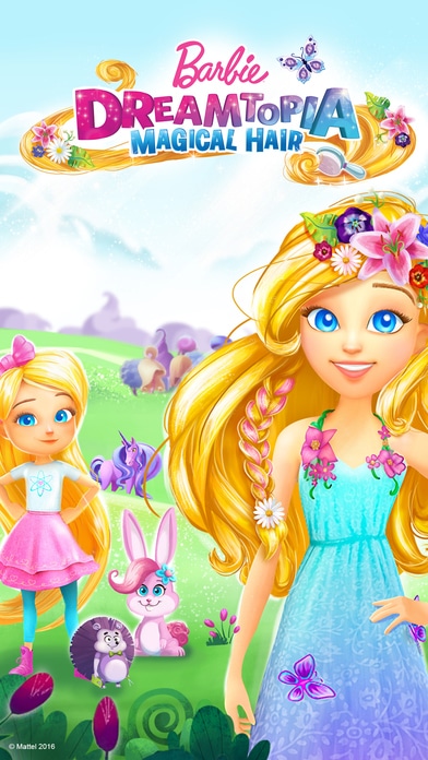 Colourful illustration of Barbie with long blonde hair, wearing a blue flower dress and flower crown, standing in a magical meadow with butterflies. A smaller girl in a pink dress and two cute animal friends—a bunny and a hedgehog—are also present. Text reads: “Barbie Dreamtopia Magical Hair.”.