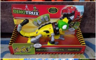 A collage of three toy packaging images from DreamWorks’ Dinotrux series. Top: Orange Ty Rux with launcher and accessories. Middle: Yellow and silver Revvit figure. Bottom: Blue-toned Ton-Ton toy with moving dumper truck bed and light details.