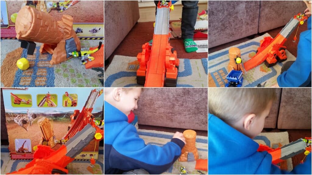 A collage of six photos shows a young boy in a blue hoodie playing with an orange toy construction set, including a crane, vehicles, a tower, and toy workers, on a colourful rug near a sofa. One photo includes the toy set’s packaging with illustrated instructions.