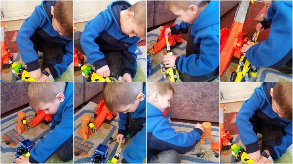 A young boy wearing a blue and navy jacket sits on a patterned rug indoors, playing with colourful toy construction vehicles and figures. The collage captures him focused and interacting with the toys from various angles.