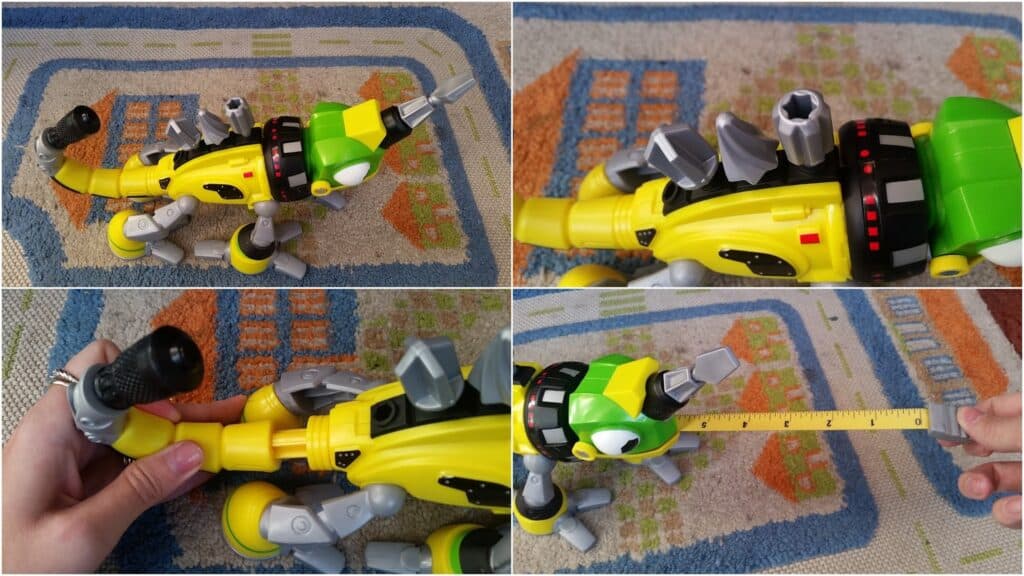 Four images show a yellow and green toy dinosaur with grey spikes on a colourful rug. One photo shows a hand holding the dinosaur's tail, and another shows the dinosaur being measured with a yellow measuring tape. The rug has roads and building designs.