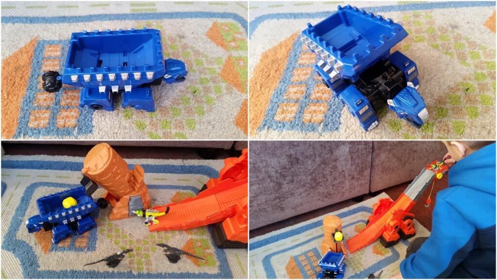 A collage of four images shows blue and orange dinosaur-themed toy vehicles on a carpet. The toys interact with small figures; a child in blue is seen in the lower-right, playing and loading the figures onto the orange dinosaur toy.