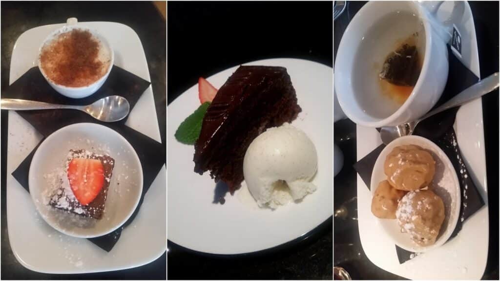 A collage of three puddings: tiramisu in a cup with cocoa powder, a chocolate brownie topped with a strawberry slice, chocolate cake with a scoop of vanilla ice cream and a mint leaf, and three scoops of gelato with a cup of tea.