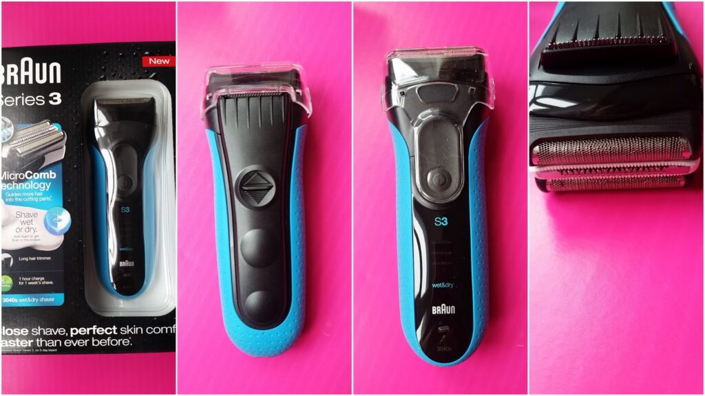 A collage of four images shows a Braun Series 3 electric shaver on a pink background: in box, rear view, front view, and a close-up of the shaving foil head. The shaver is black with blue accents and displays the "Braun" logo.