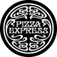 A black and white circular logo for Pizza Express. The words "PIZZA EXPRESS" appear in bold uppercase letters at the centre, surrounded by ornate, swirling decorative patterns within a double-lined border.
