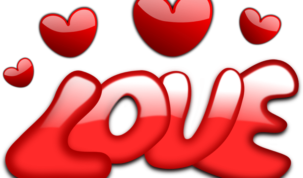 The image features the word "LOVE" in large, bold, shiny red bubble letters. Above the word are four glossy red hearts of varying sizes, set against a plain white background. The overall style is playful and cheerful.