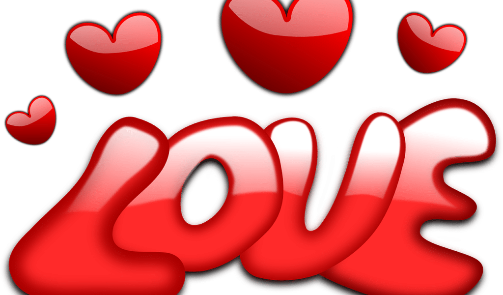 The image features the word "LOVE" in large, bold, shiny red bubble letters. Above the word are four glossy red hearts of varying sizes, set against a plain white background. The overall style is playful and cheerful.