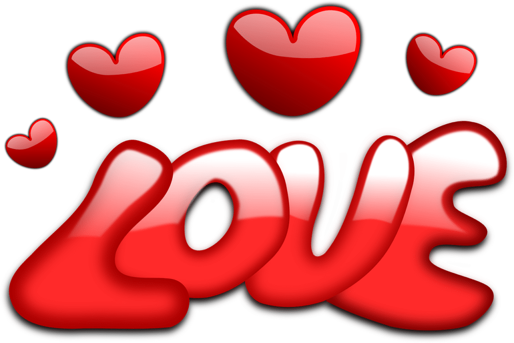 The image features the word "LOVE" in bold, glossy red bubble letters, with a white highlight reflecting light. Above the text are four shiny red hearts of varying sizes, arranged in a playful, scattered pattern on a light background.