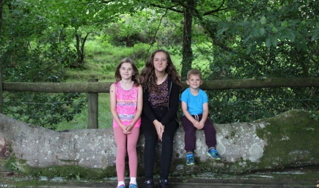 Three children sit on a large stone or log in a lush, green outdoor setting. The girl on the left wears pink, the girl in the middle wears black, and the boy on the right wears blue. Trees and foliage fill the background, with a wooden fence behind them.