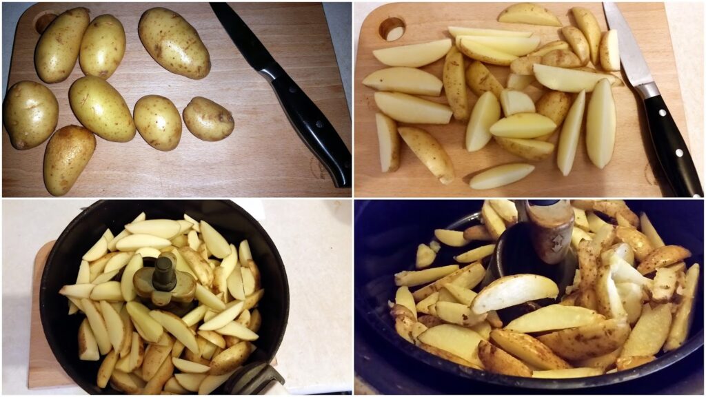 A collage of four images shows potatoes on a chopping board, sliced into wedges, placed in a food processor, and being mixed in a slow cooker, illustrating the steps of preparing potato wedges. A knife is visible in the first two images.