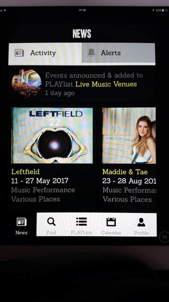 A news app screen displays upcoming music events. The left side shows "Leftfield" with an abstract eye album cover and dates 11–27 May 2017. The right side shows "Maddie & Tae" with a photo of a woman and dates 23–28 Aug 2017. Both are at various places.