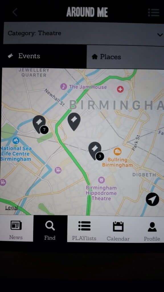 A mobile app screen shows a map of central Birmingham, UK, highlighting theatre-related locations with numbered black map pins. Major sites like the Bullring Birmingham and Birmingham Hippodrome are visible. Tabs below include News, Find, Playlists, Calendar, and Profile.