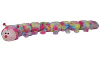 A long, plush caterpillar toy with a smiling face, red nose, pink antennae, and black eyes. Its body is covered in soft, multicoloured fabric with blue, pink, yellow, and green patches, and has small, rounded legs along its length.