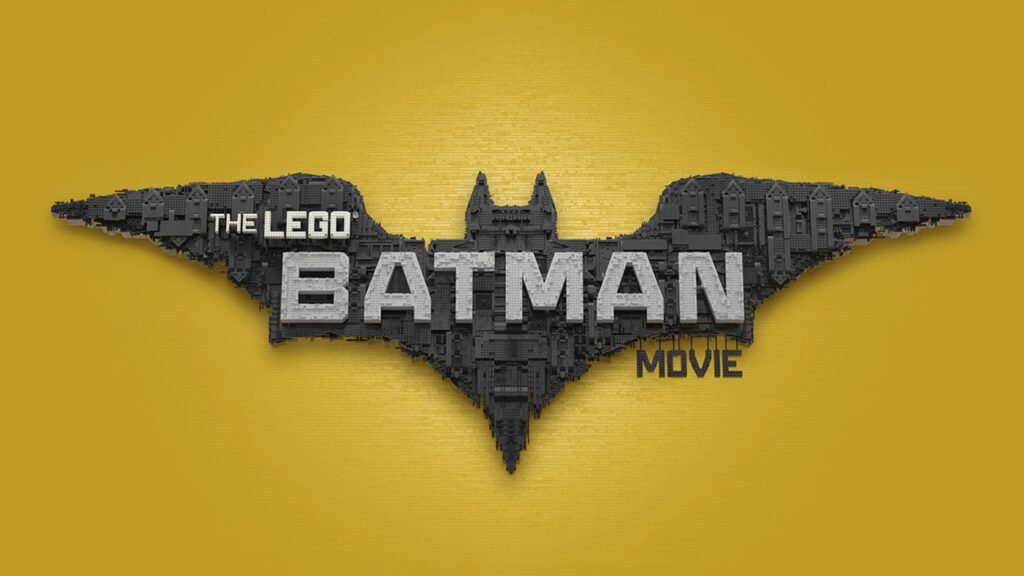 The LEGO Batman Movie logo features the words "THE LEGO BATMAN MOVIE" built from LEGO bricks, shaped like a large black bat emblem, set against a solid yellow background.