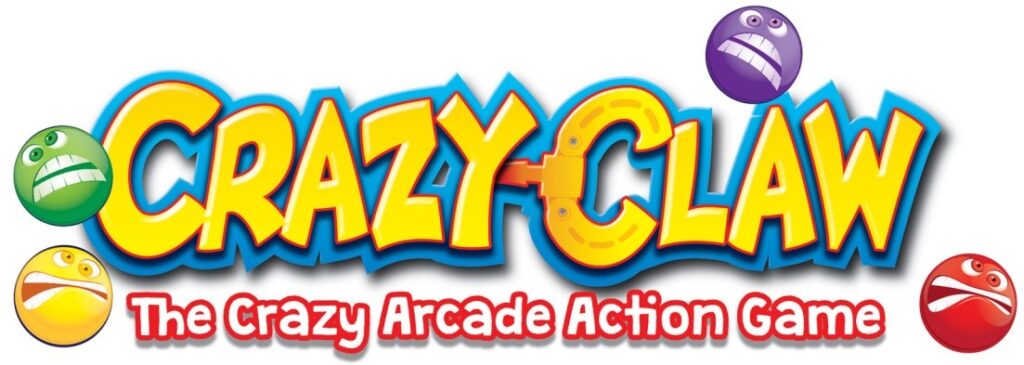 Logo for "Crazy Claw: The Crazy Arcade Action Game" with large, bold yellow text, each letter outlined in blue and red, with four colourful, round cartoon faces—green, yellow, purple, and red—showing dramatic expressions around the logo.