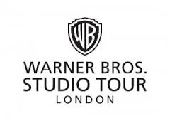 Black and white logo for Warner Bros. Studio Tour London. The top features the WB shield. Below, text reads "WARNER BROS. STUDIO TOUR" in bold capital letters, and "LONDON" is written underneath in a smaller font. The background is white.