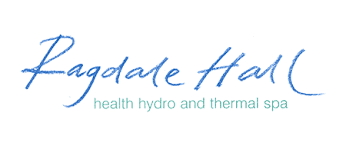 The image shows the Ragdale Hall logo. "Ragdale Hall" is written in blue cursive handwriting. Below, in smaller green text, it says "health hydro and thermal spa." The background is white.