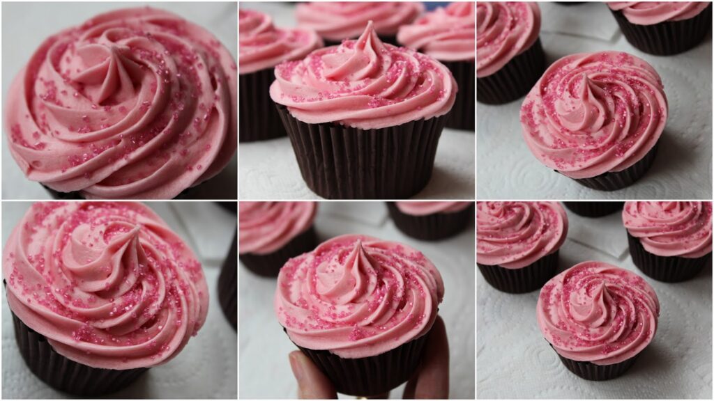 A collage of six close-up photos shows chocolate fairy cakes topped with swirled pink icing and sprinkled with pink sugar crystals, arranged on a white surface. Each image highlights the cakes' decorative icing and texture from different angles.