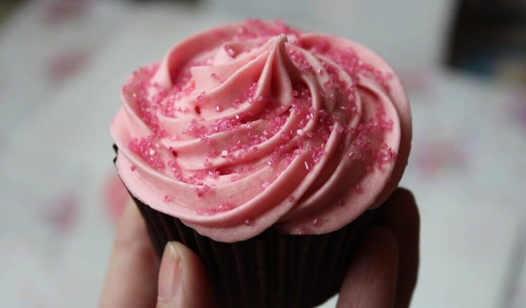 A hand holds a chocolate cupcake topped with a swirl of pink icing and sprinkled with pink sugar crystals. The background is blurred, drawing focus to the cupcake’s decorative texture and vibrant colours.