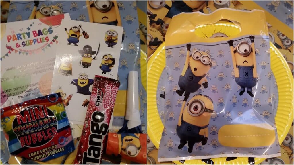 Photo collage showing Minions-themed party supplies. Left: A card with Minions images, mini party bubbles, a Tango cherry chew bar, and a Love Hearts sweet roll. Right: A yellow plate and a plastic party bag, both decorated with Minions characters.