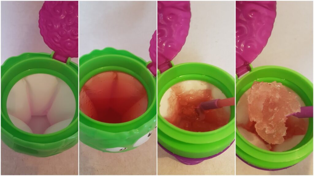 A four-panel image shows a green cup with a purple lid. First, it’s empty. Second, it’s filled with red liquid. Third, a straw stirs as the liquid thickens. Fourth, the straw lifts out a frozen, slushy mixture from the cup.
