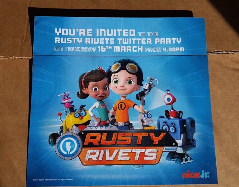An invitation card on brown card features Rusty and Ruby, cartoon characters from "Rusty Rivets", with robot friends. The text invites to a Rusty Rivets Twitter Party on Thursday, 18th March at 4:30pm. The Nick Jr. logo is at the bottom right.
