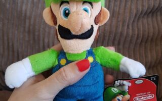 A hand with red painted nails holds a plush Luigi toy from Nintendo’s Mario series. Luigi wears his signature green hat with an “L”, green shirt, blue dungarees, and brown shoes. A tag with Luigi’s image and “World of Nintendo” branding is attached.