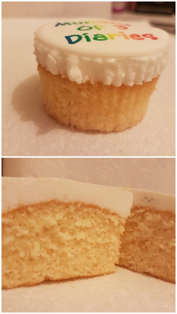 Two photos of a vanilla cupcake with white icing. The top view shows colourful letters on the icing, and the side has a piped edge. The bottom photo shows the cupcake cut in half, revealing its soft, fluffy yellow interior and a thick layer of icing on top.