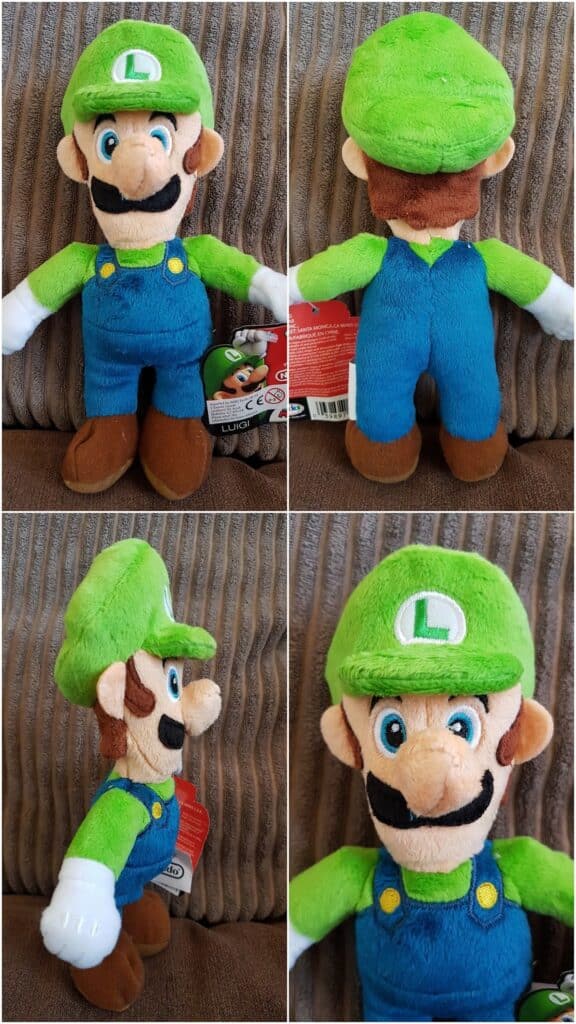 A soft toy of Luigi from the Mario series, shown from front, back, side, and angled front views. Luigi wears a green hat with an “L”, a green shirt, blue dungarees, white gloves, and brown shoes, and is seated on a brown corduroy sofa.