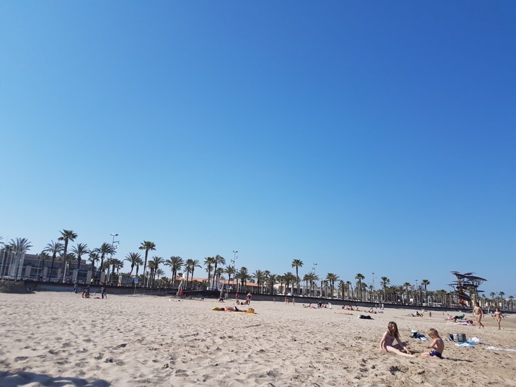 A wide, sandy beach with scattered people sunbathing and relaxing. In the background, rows of palm trees and a few buildings are visible. The sky is clear and blue, creating a bright, sunny atmosphere.