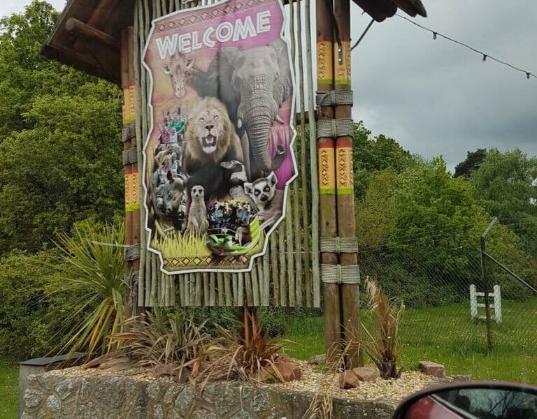 A large wooden sign reads "Welcome" and features images of wild animals, including a lion, giraffe, zebra, and monkeys. The sign stands outdoors by a road, surrounded by greenery, with part of a red car visible in the bottom right corner.