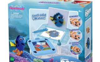 A box of Aquabeads Finding Dory Playset features Dory, Nemo, and other sea creatures made from colourful water-fused beads. The packaging shows finished bead designs, included tools, and the slogan “Just add water!” with images of the characters underwater.