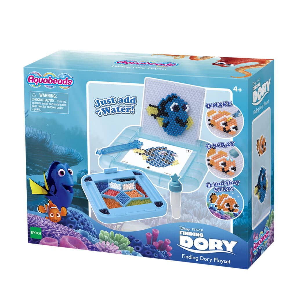 A colourful Aquabeads Finding Dory Playset box featuring Dory, Nemo, and coral. The box displays an image of completed Dory Aquabeads art, the bead tray, water sprayer, and instructions. Branding and “Just add water!” text are visible. For ages 4 and up.