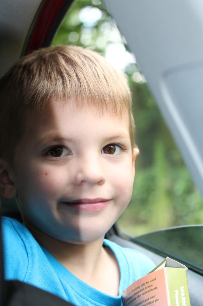 A young boy with short light brown hair and brown eyes sits by a car window. Sunlight casts a shadow on half of his face. He wears a blue shirt and holds a book or box with text. Greenery outside the window is softly blurred.