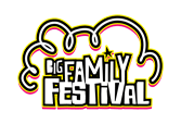 Logo for "Big Family Festival" with playful, bold white and black letters outlined in yellow and pink. The text is framed by a whimsical cloud outline, with a small star above the "I" in "Family," conveying a fun, family-friendly event.