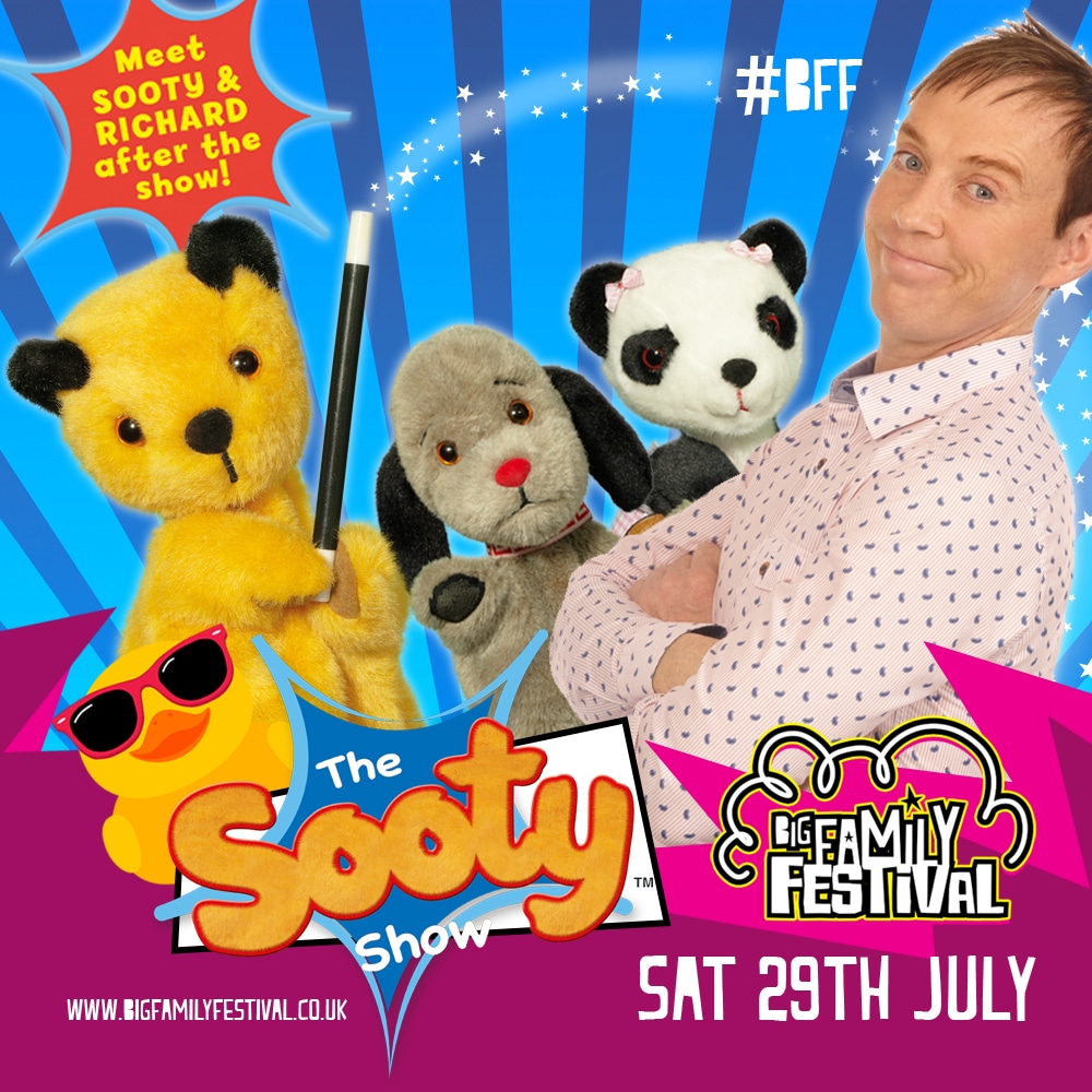 A colourful poster for The Sooty Show at Big Family Festival features puppets Sooty, Sweep, and Soo with host Richard Cadell, all smiling. Event date is Sat 29th July. A yellow duck, speech bubble, and starburst graphics add playful flair.