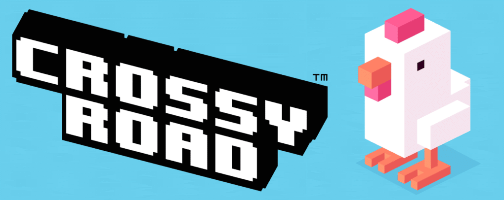 A pixelated chicken with orange legs and a red comb stands on the right, next to the bold, blocky white text "CROSSY ROAD" on a black background, all against a bright blue background.