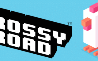 A pixelated chicken with orange legs and a red comb stands on the right, next to the bold, blocky white text "CROSSY ROAD" on a black background, all against a bright blue background.