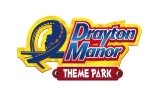 The Drayton Manor Theme Park logo features a yellow rollercoaster loop with a blue track next to bold, red and blue text that says "Drayton Manor" and a red sign below reading "Theme Park" in white block letters.