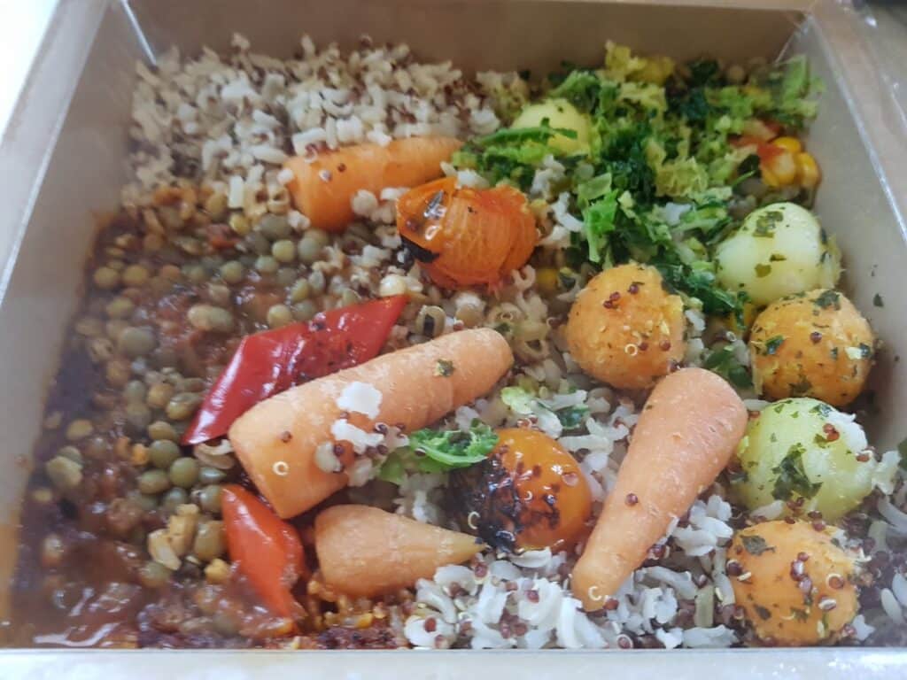 A meal tray with brown rice, green lentils in sauce, steamed baby carrots, broccoli, cherry tomatoes, red pepper, small potatoes, and herb-seasoned vegetable balls, all arranged in separate sections. The food appears fresh, healthy, and colourful.