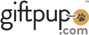 The logo shows the word "giftpup.com" in lowercase. The dot in ".com" is a gold circle with a black paw print, and a curved white line extends from the "p" to the circle, resembling a wagging tail.