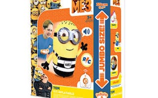 A toy box featuring an inflatable remote control Minion named Tom from Despicable Me 3. The box is mostly orange and yellow, showing a smiling child playing with the Minion, product images, and details like “Jumbo Size,” “35cm,” and “Inflate & Play”.