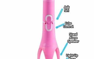 A pink wireless karaoke microphone labelled “The Rocket Wireless Singing Machine”, with callouts showing the mic, an “Ask Siri” button, echo control buttons, a stand-alone speaker, and a circular light-up base.