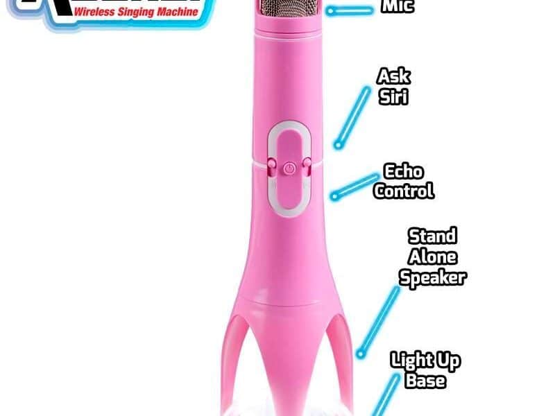 A pink wireless karaoke microphone labelled “The Rocket Wireless Singing Machine”, with callouts showing the mic, an “Ask Siri” button, echo control buttons, a stand-alone speaker, and a circular light-up base.