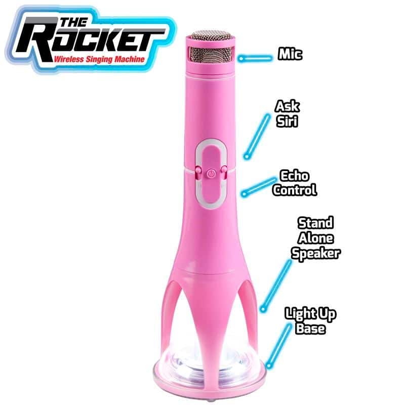 A pink wireless karaoke microphone labelled “The Rocket Wireless Singing Machine”, with callouts showing the mic, an “Ask Siri” button, echo control buttons, a stand-alone speaker, and a circular light-up base.