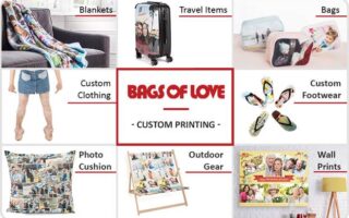 A grid displays custom-printed products: blankets, travel items (suitcase), bags, custom clothing (leggings and skirt), custom footwear (shoes), photo cushion, outdoor gear (folding chair), wall prints, with “Bags of Love – Custom Printing” in the centre.