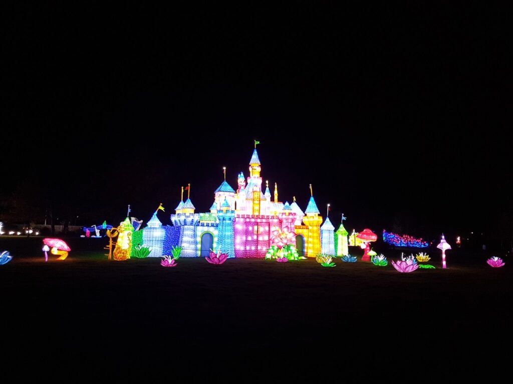 A brightly lit, colourful castle made of lights glows at night, surrounded by illuminated sculptures of flowers, mushrooms, and other shapes, set against a dark sky with no visible stars. The castle stands out vividly in the darkness.